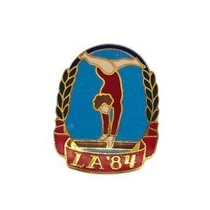 VTG LA '84 Summer Olympics Gymnastics Lapel Hat Tie Pin Enamel Brass Gold Toned